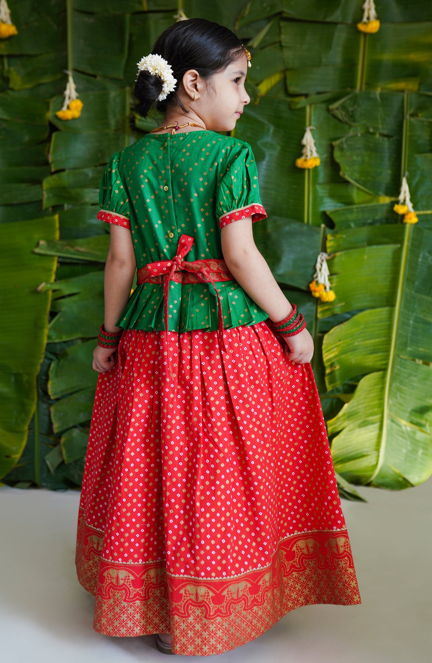 Girl Bandhani Pattu Pavdai-Green