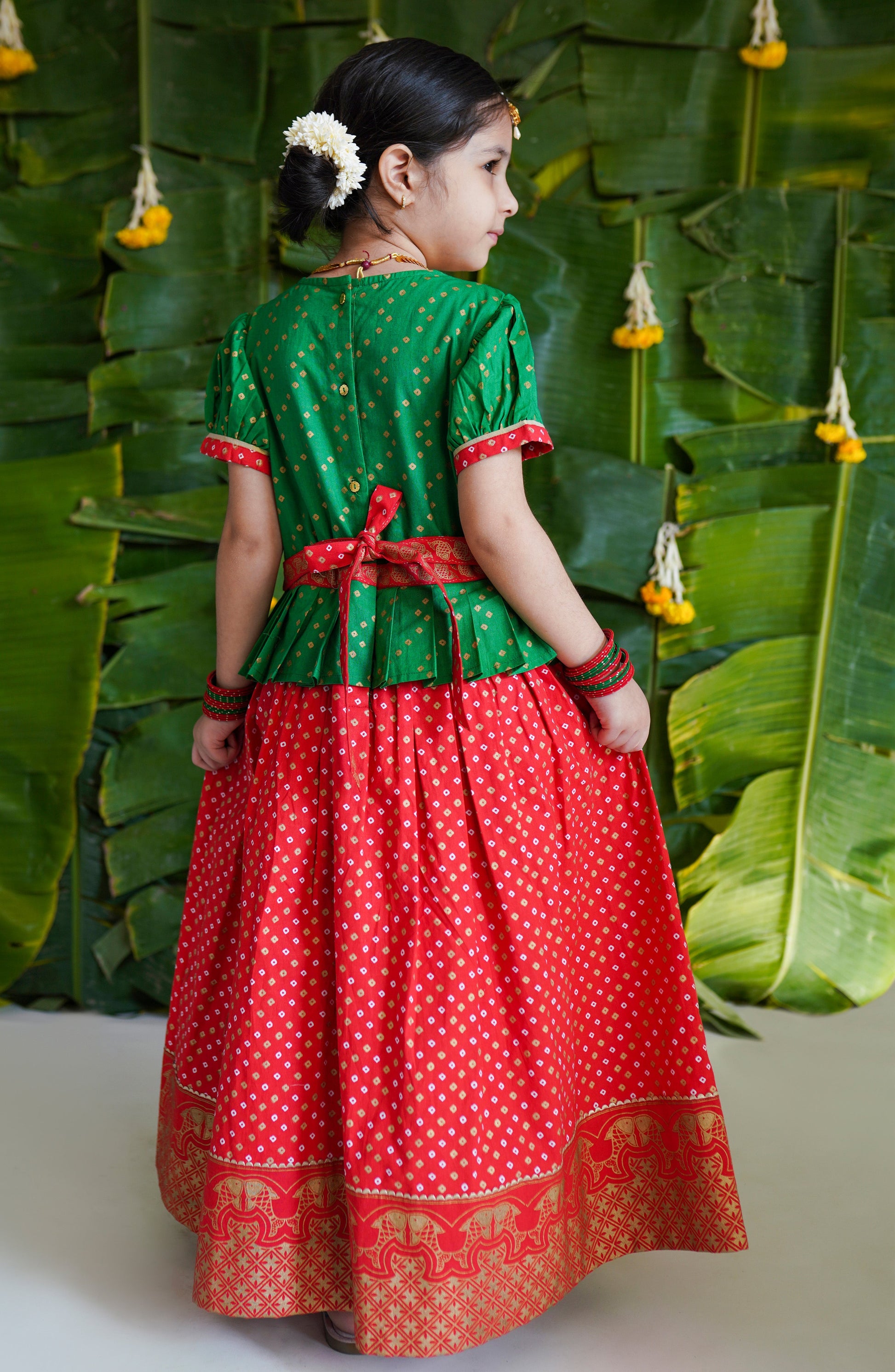 Girl Bandhani Pattu Pavdai-Green - Image 2