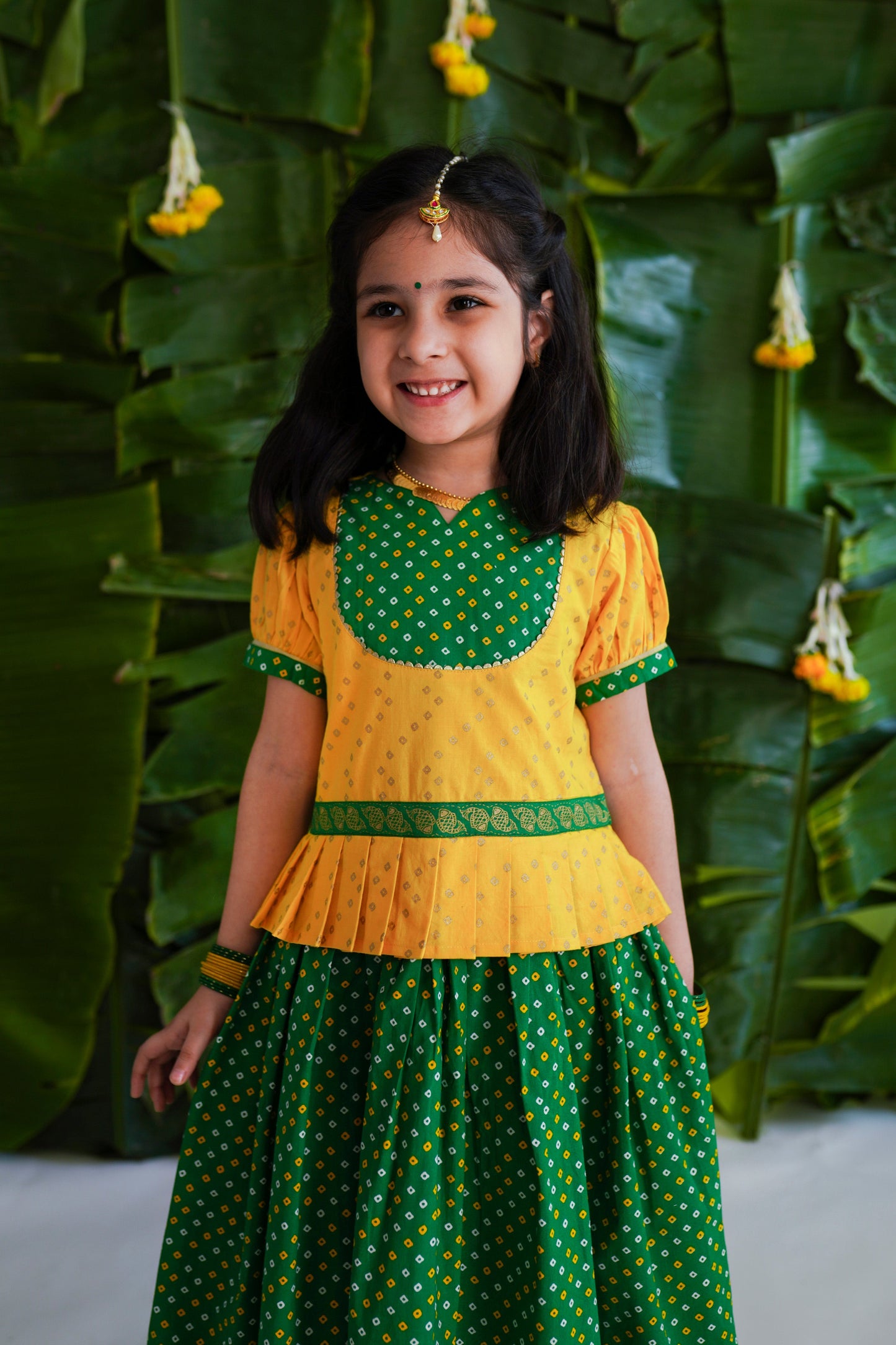 Girl Bandhani Pattu Pavdai-Yellow