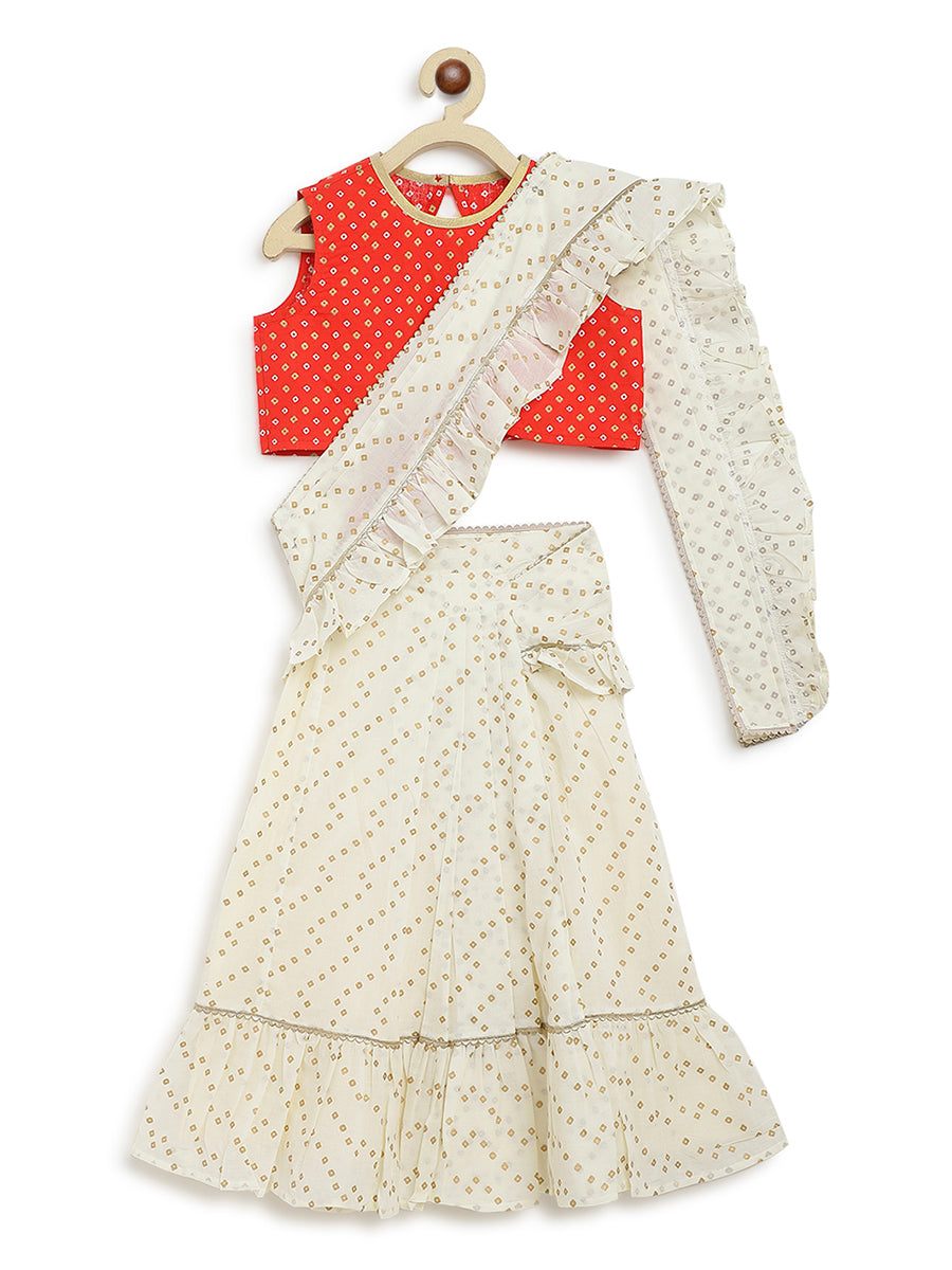 Girls Ruffle Saree-Cream - Image 3