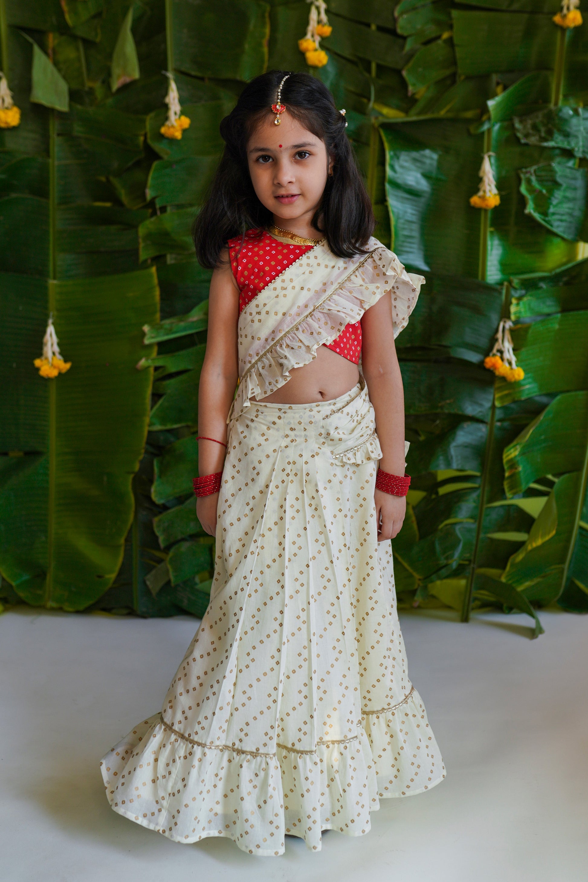 Girls Ruffle Saree-Cream - Eco-friendly - Sama Homes