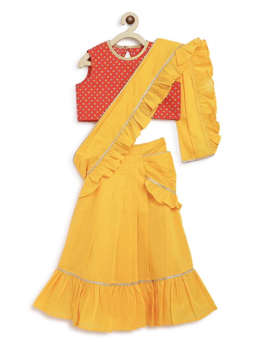 Girls Ruffle Saree-Yellow - Image 4