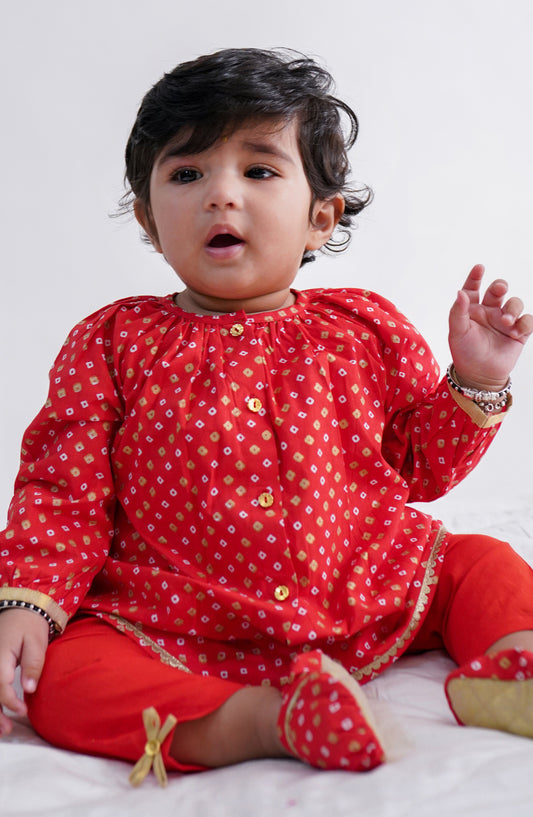 Baby Girl Bandhani Printed Jhabla Set-Red