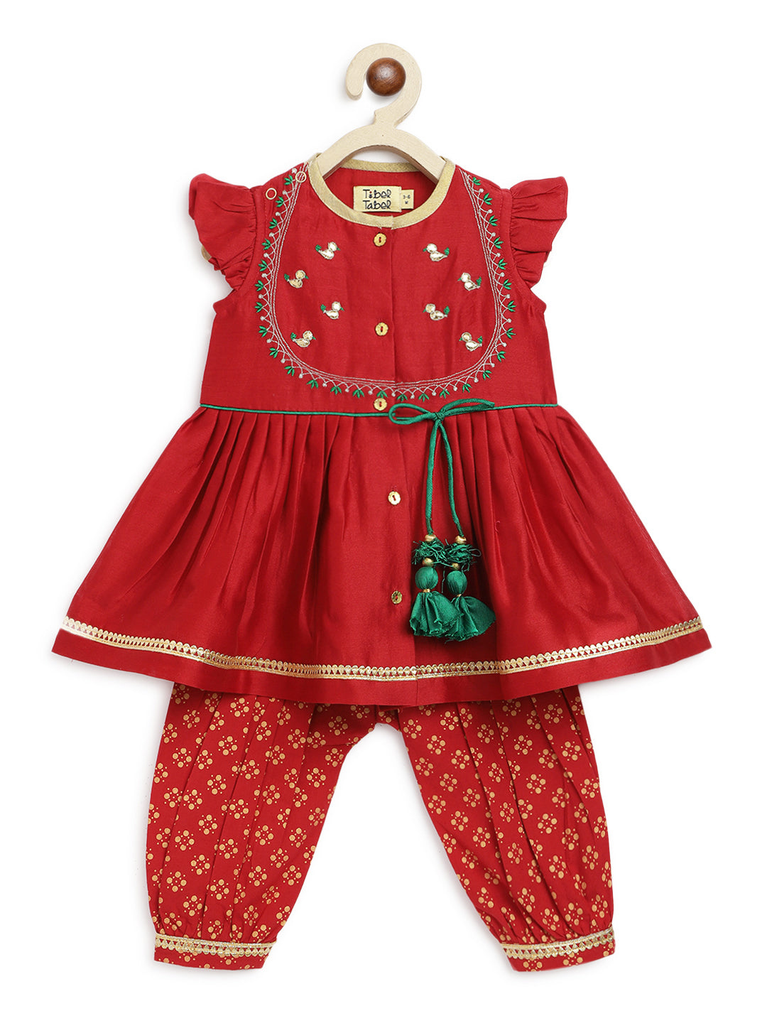 Baby Girl Bird Embroidery Jamna Set - Red - Image 2