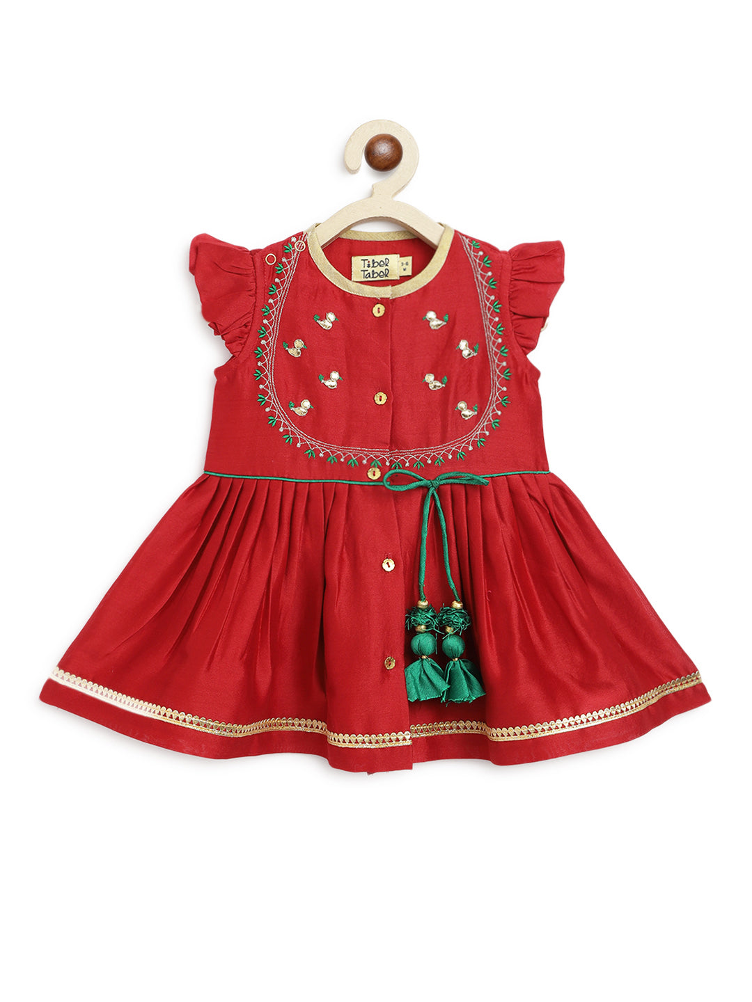 Baby Girl Bird Embroidery Jamna Set - Red