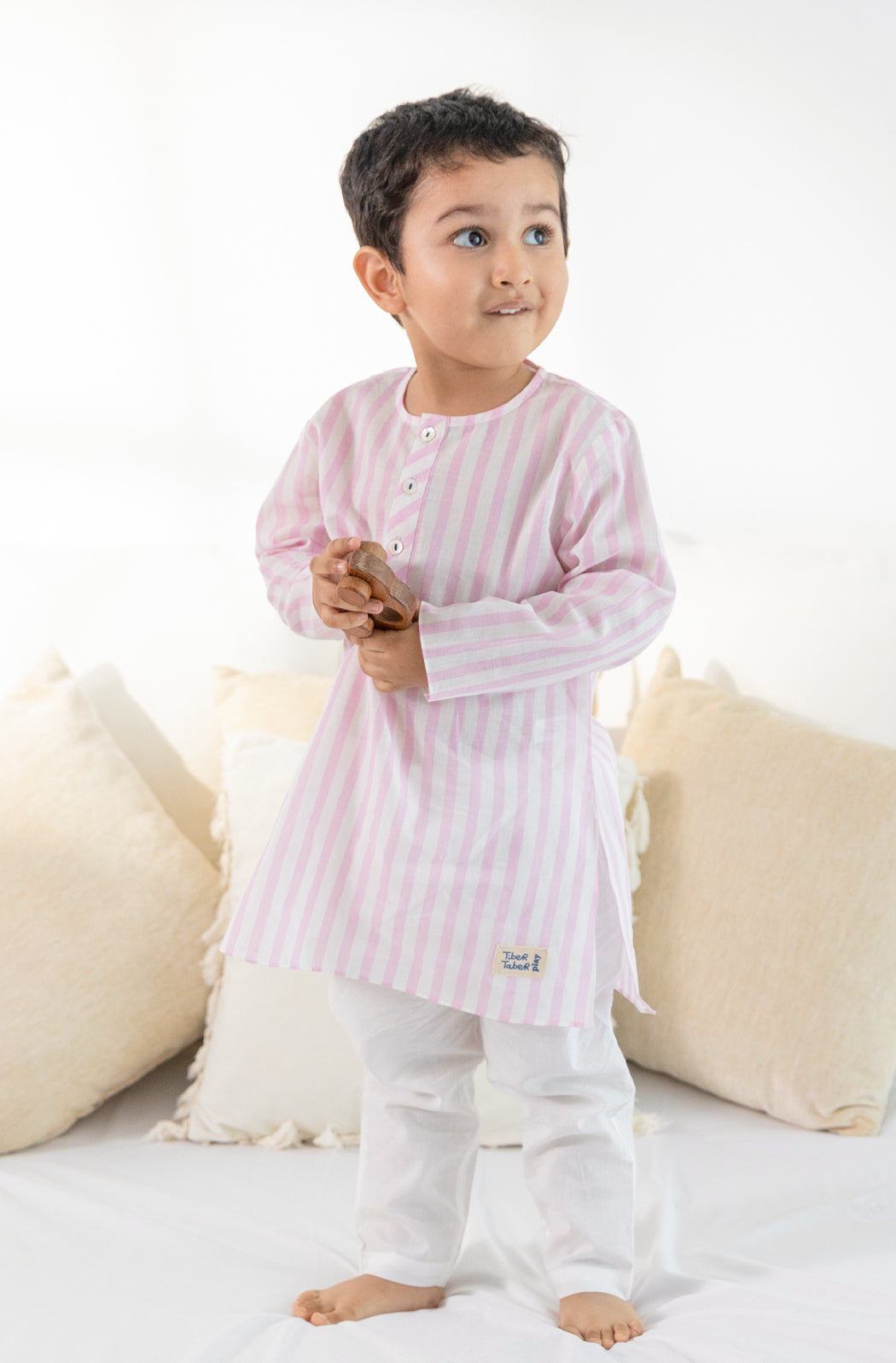 Blush Pink Stripes Boy Kurta Set - Eco-friendly - Sama Homes