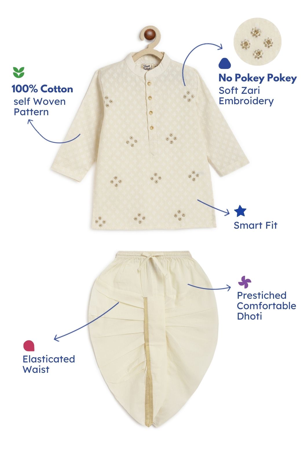 Classic Zari Dhoti Kurta Set - Cream - Image 2