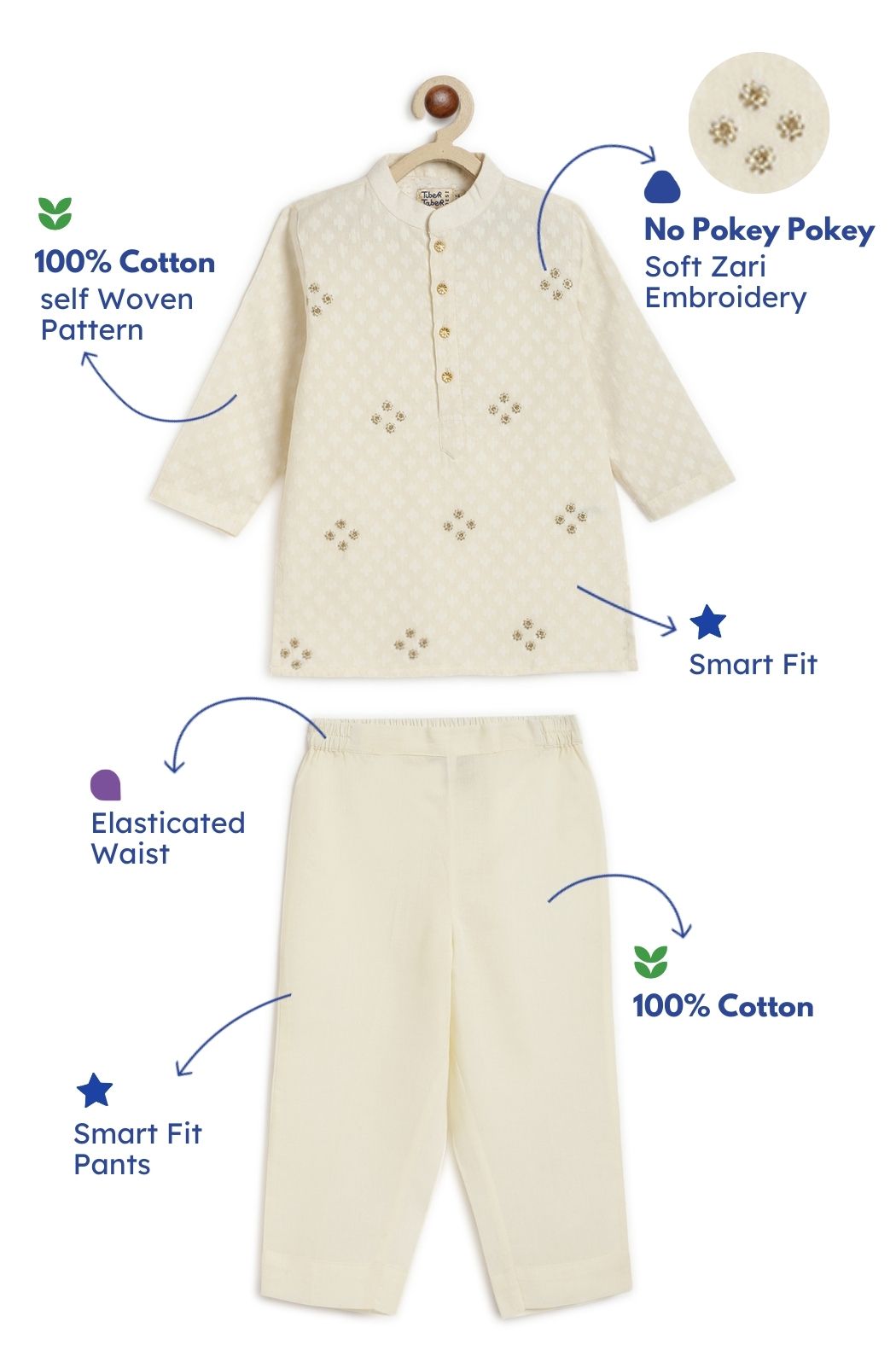 Classic Zari Kurta Pyjama Set - Cream