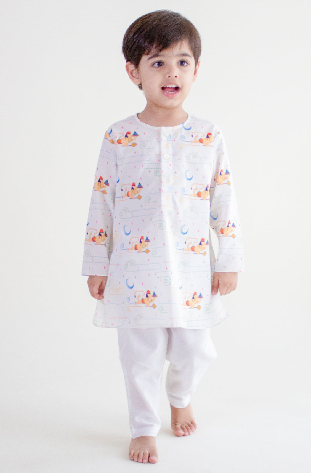 Hanuman Blessing Kurta Pyjama Set - White - Image 3