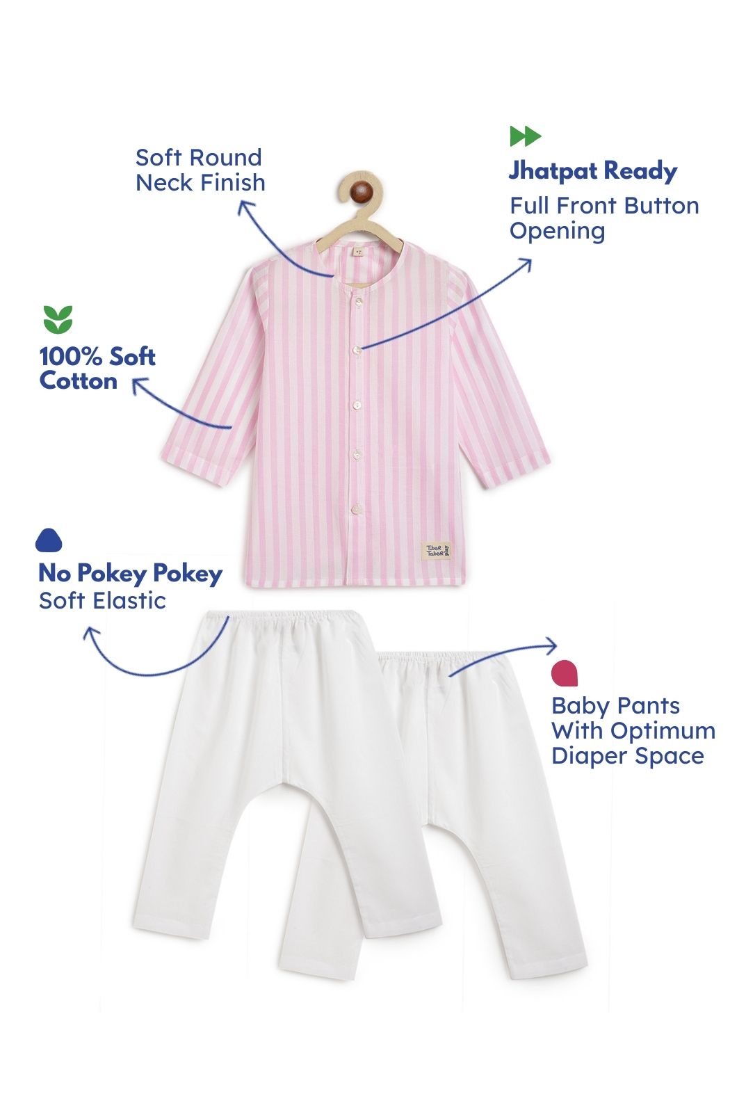 Blush Pink Stripes Baby Kurta Set - Image 3