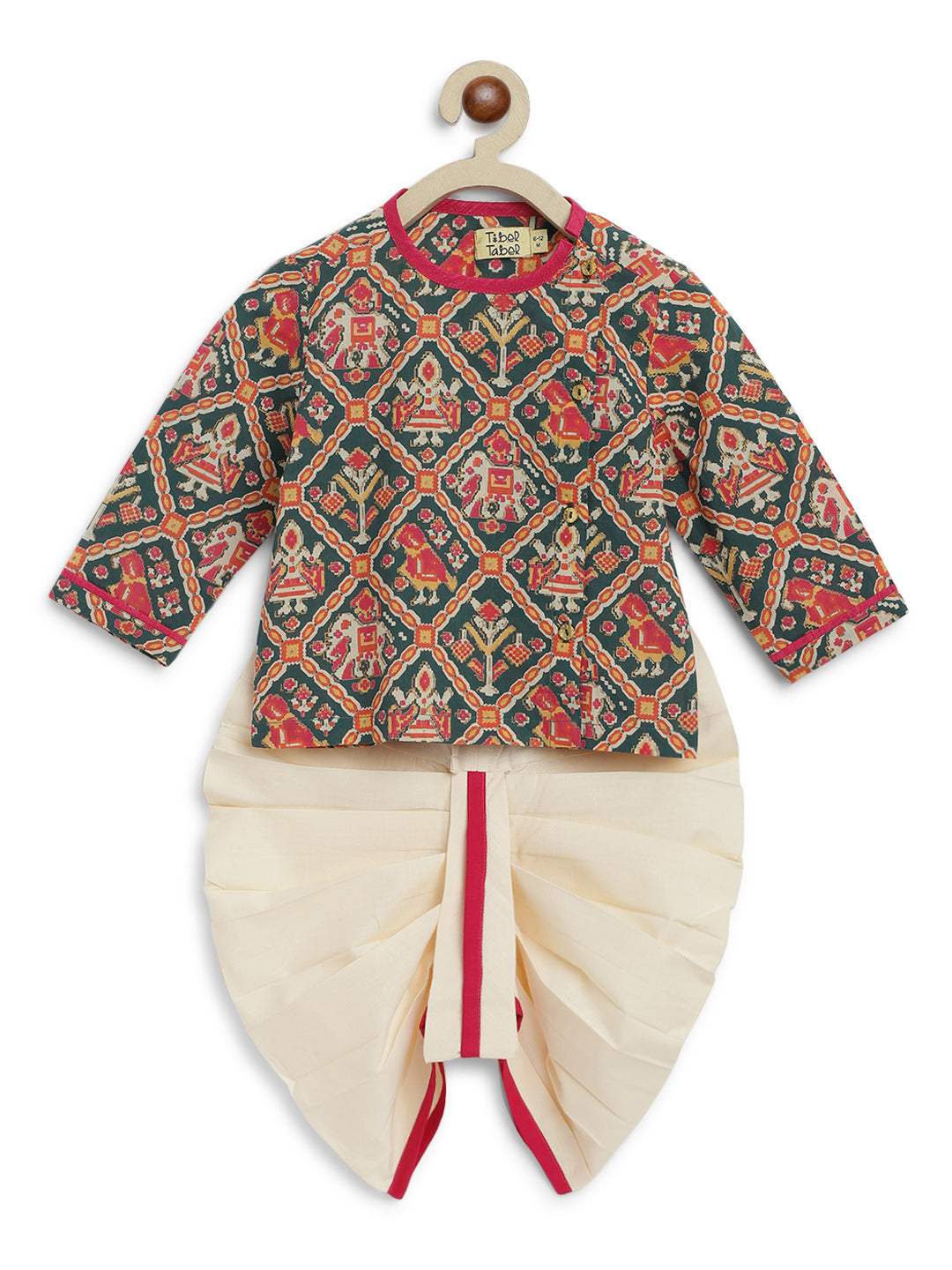 Baby Boy Patola Print Cotton Dhoti Kurta Set - Green