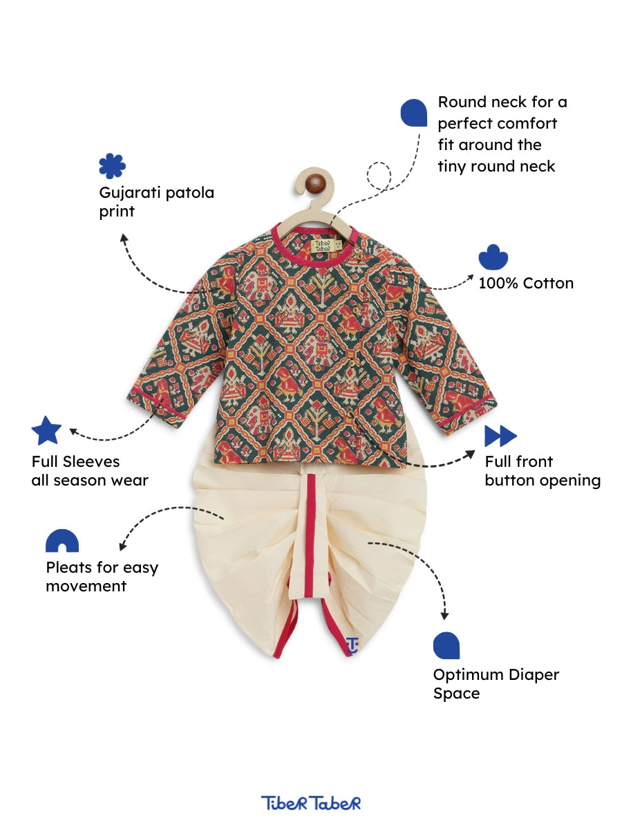 Baby Boy Patola Print Cotton Dhoti Kurta Set - Green