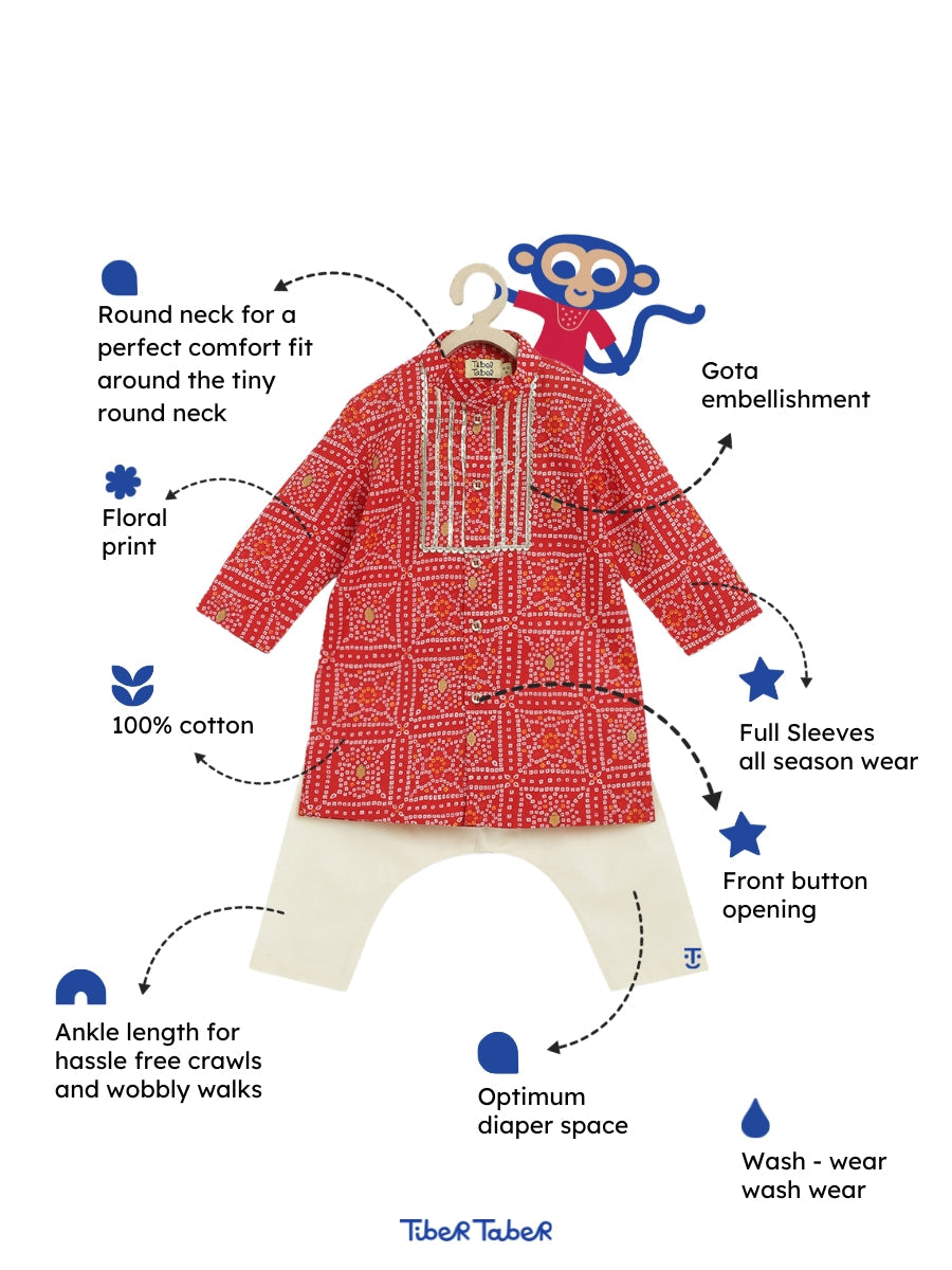 Baby Boy Bandhani Print Cotton Kurta Set - Red - Image 3
