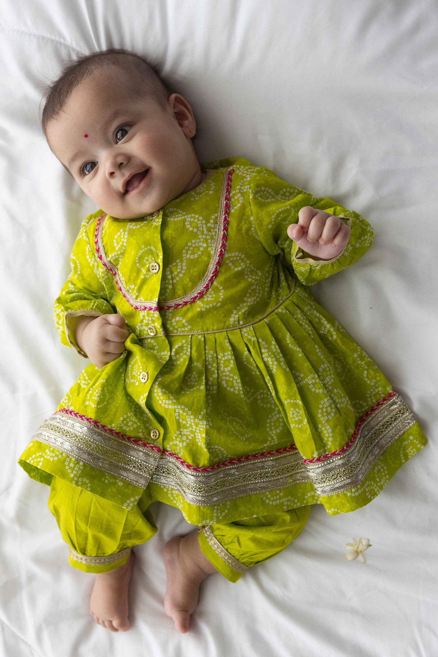 Baby Girl Bandhani Angrakha Suit Set - Green