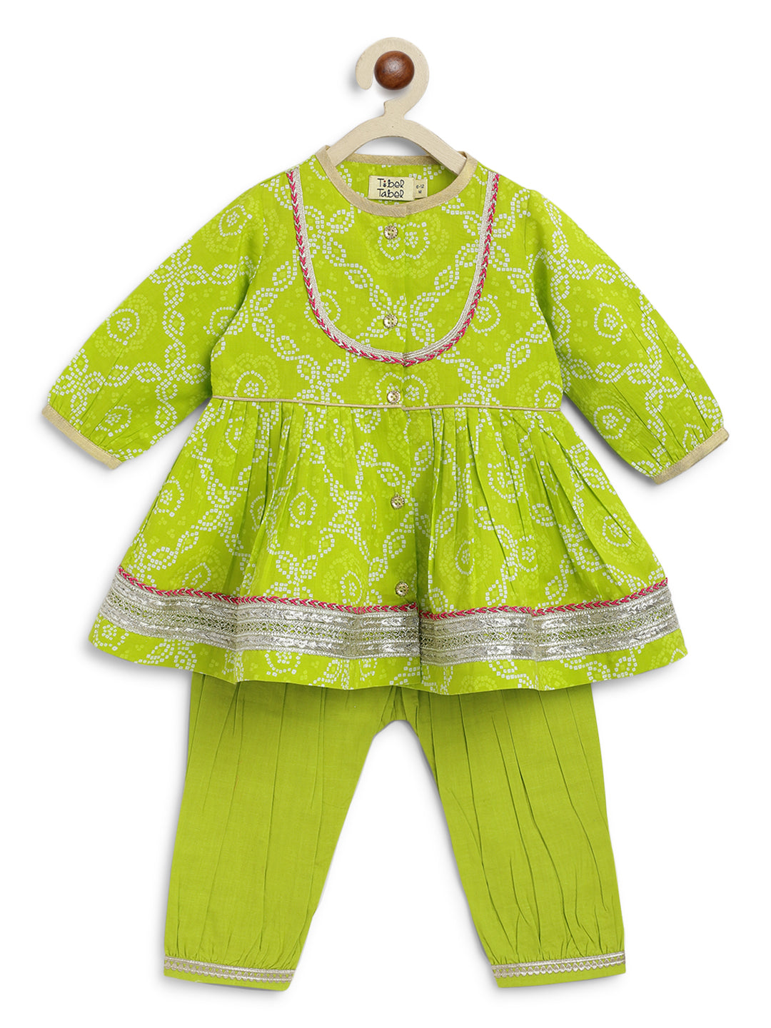 Baby Girl Bandhani Angrakha Suit Set - Green