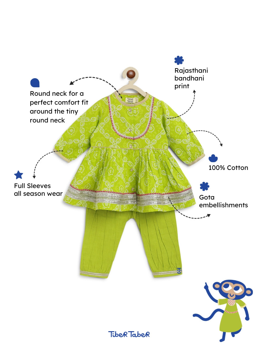 Baby Girl Bandhani Angrakha Suit Set - Green - Image 3