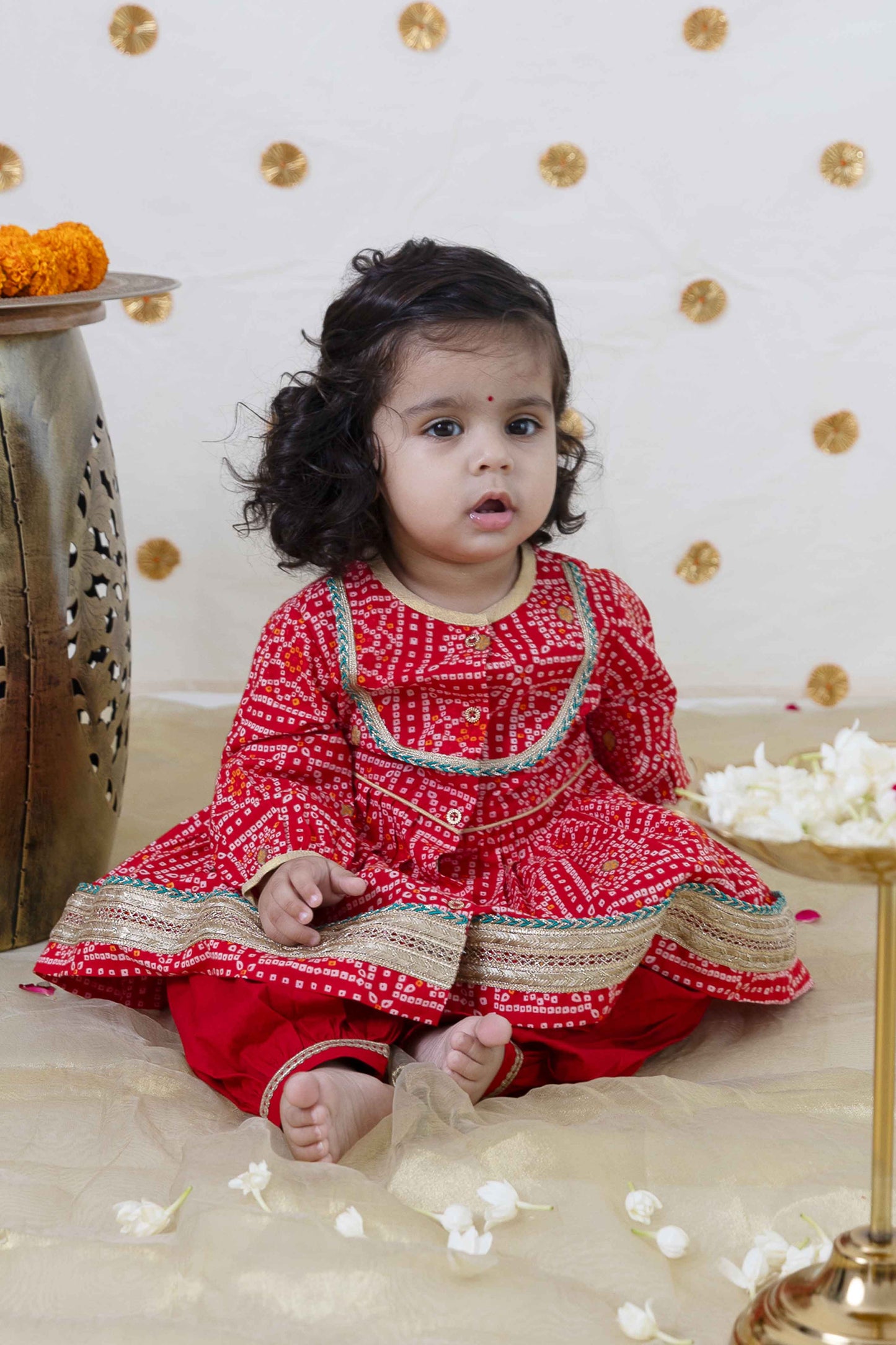 Baby Bandhani Angrakha Set - Red