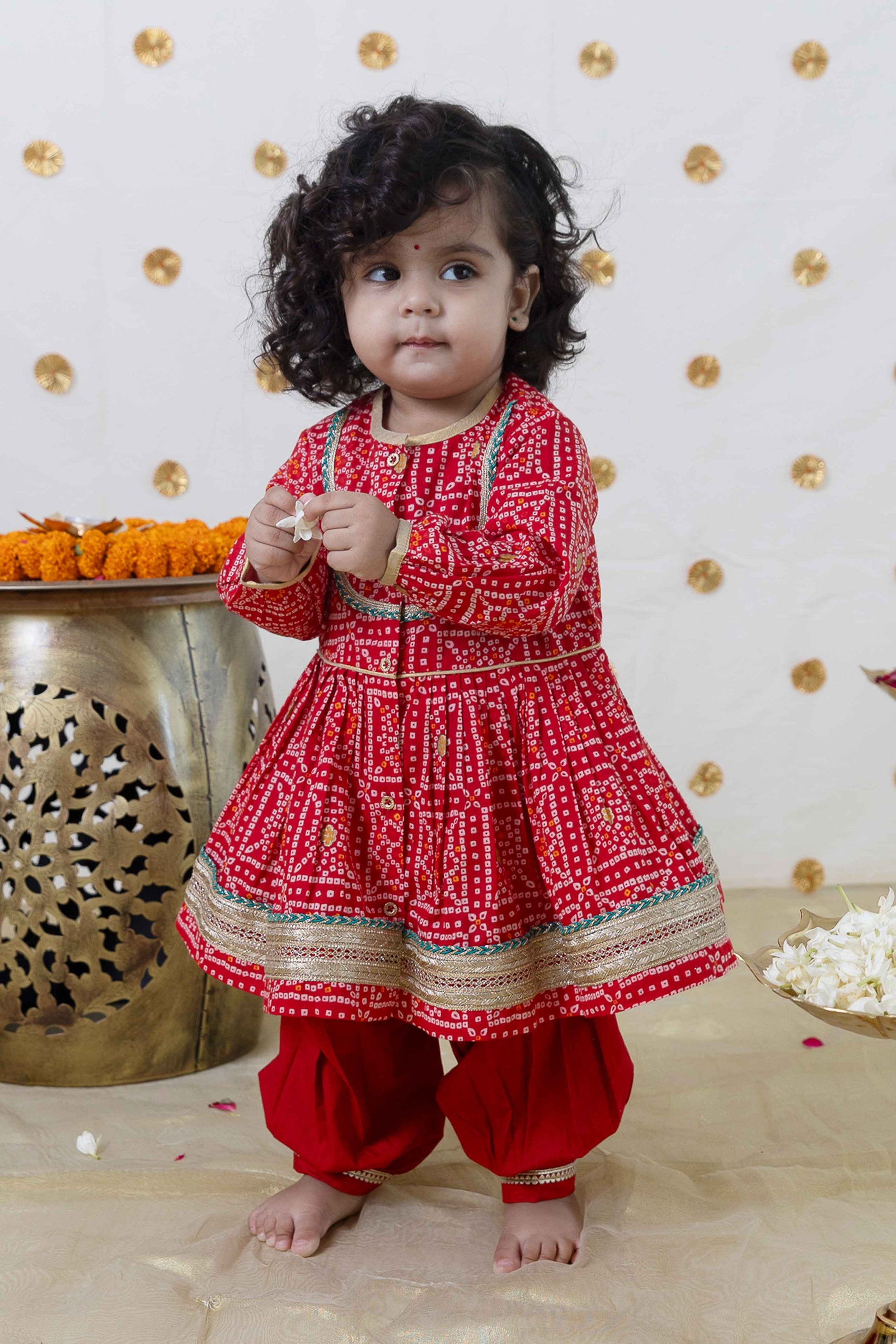 Baby Bandhani Angrakha Set - Red - Eco-friendly - Sama Homes