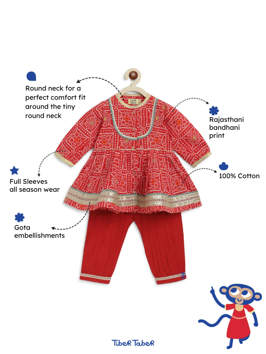 Baby Bandhani Angrakha Set - Red - Image 3