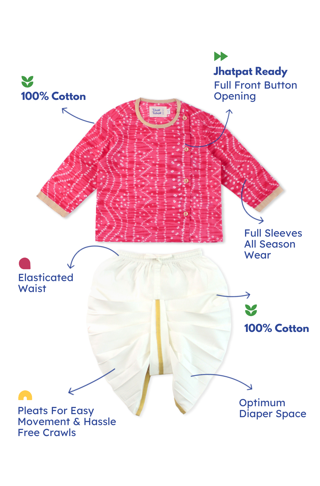 Bandhani Pink Prince Dhoti Set - Pink - Image 2