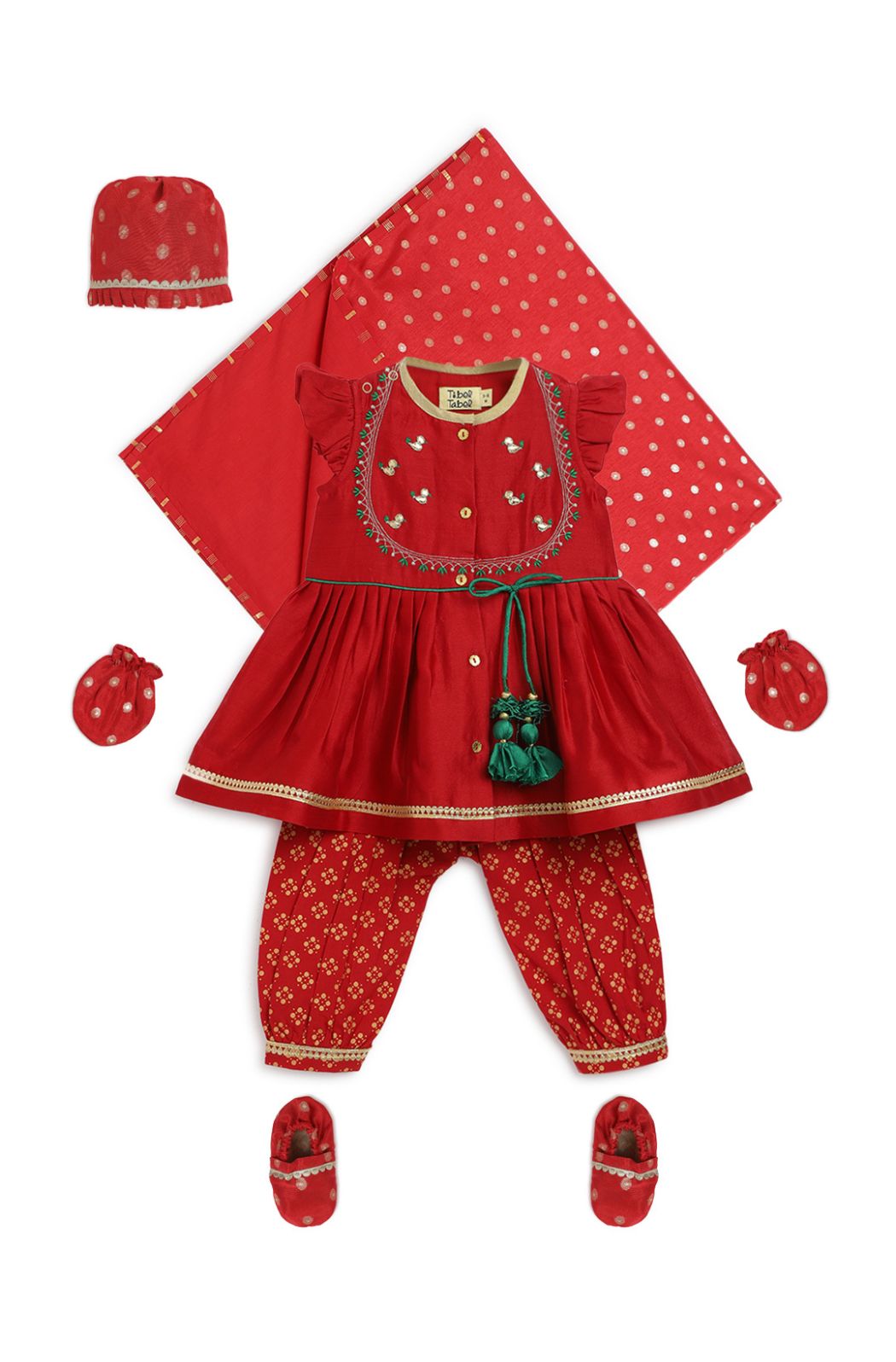 Baby Girl Bird Embroidery Jamna Set - Red - Eco-friendly - Sama Homes
