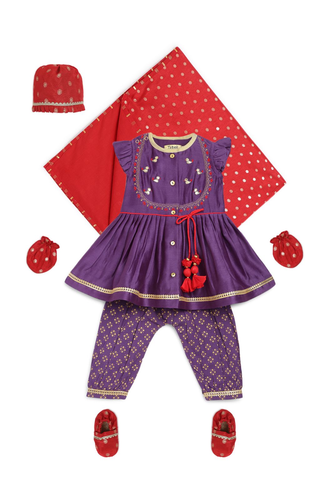 Baby Girl Bird Embroidery Jamna Set - Purple