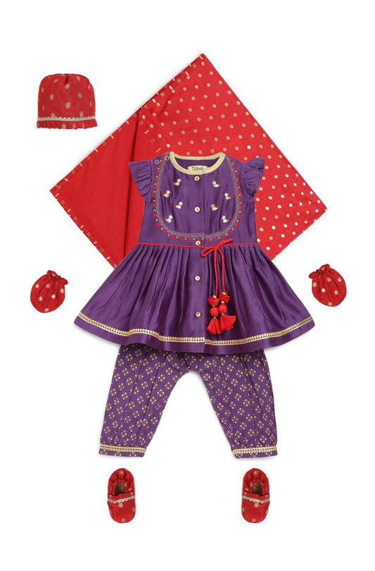Baby Girl Bird Embroidery Jamna Set - Purple