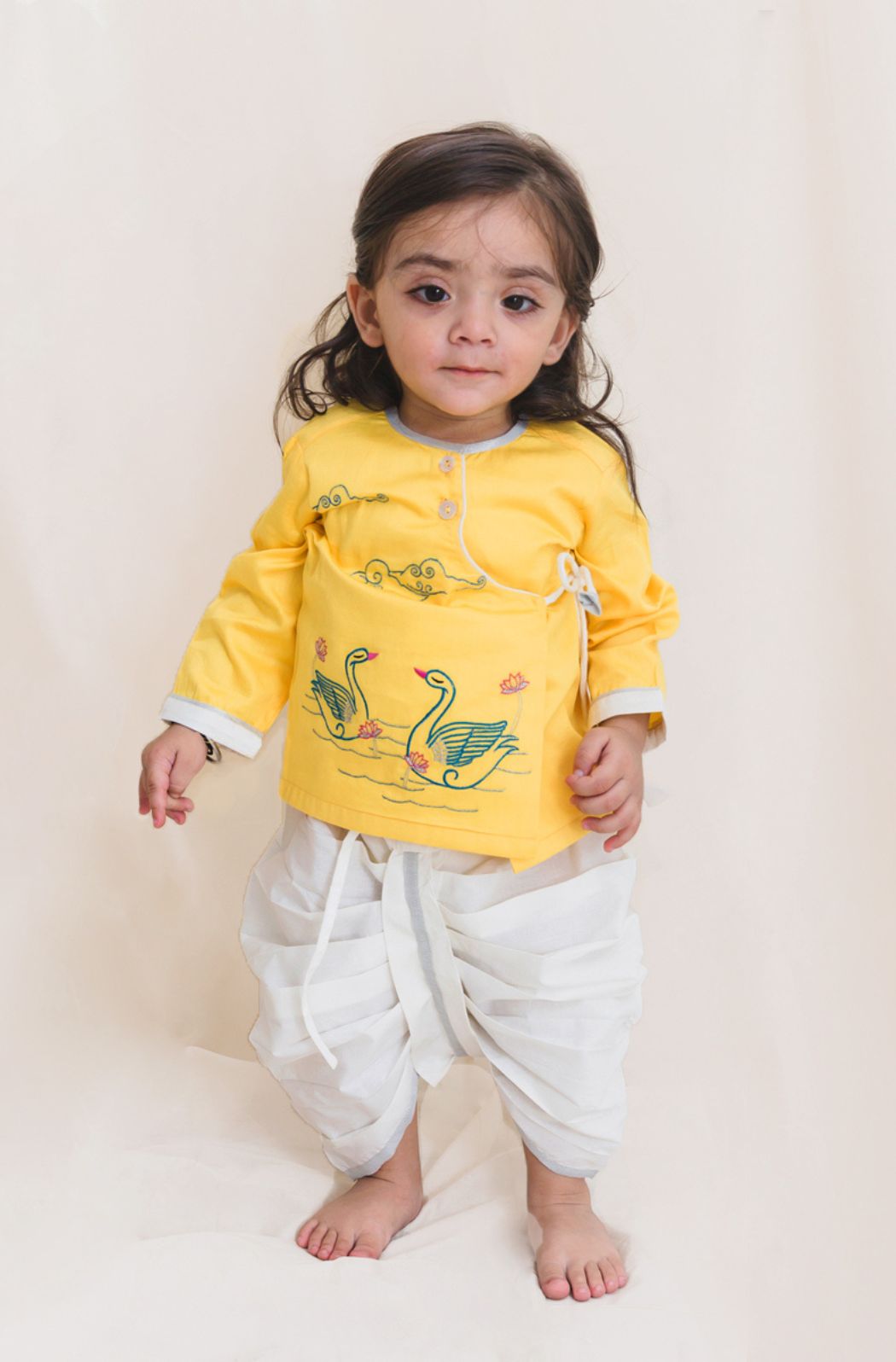 Baby Boy Yellow Embroidered Swan Dhoti Set - Eco-friendly - Sama Homes