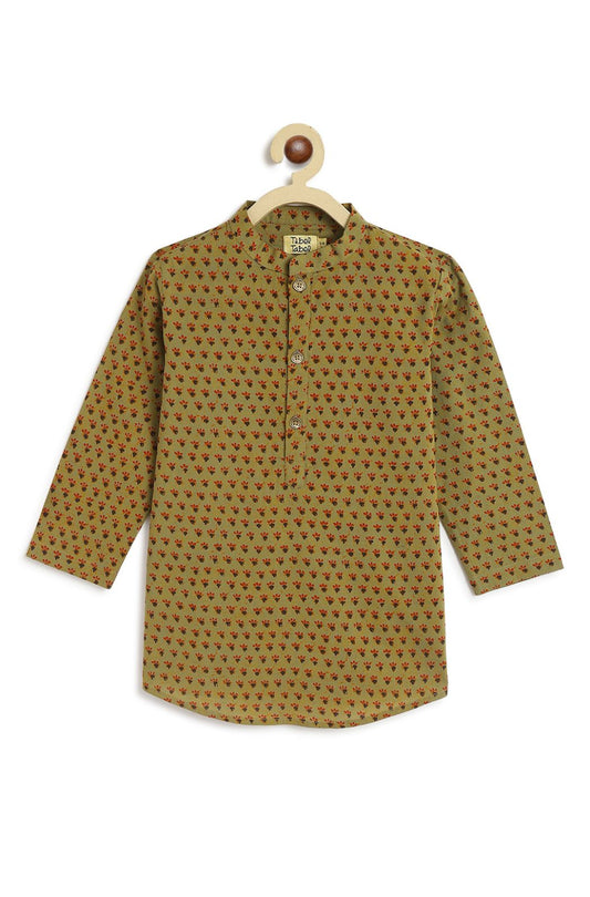 Boy Printed Buti Short Kurta - Green