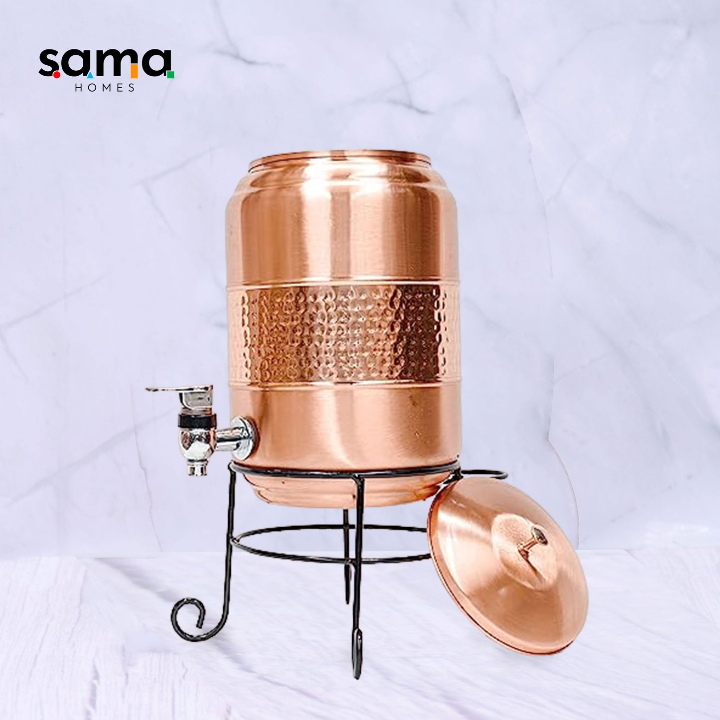 SAMA Homes - pure copper half hammered water dispenser with glass and stand matka combo 5000ml