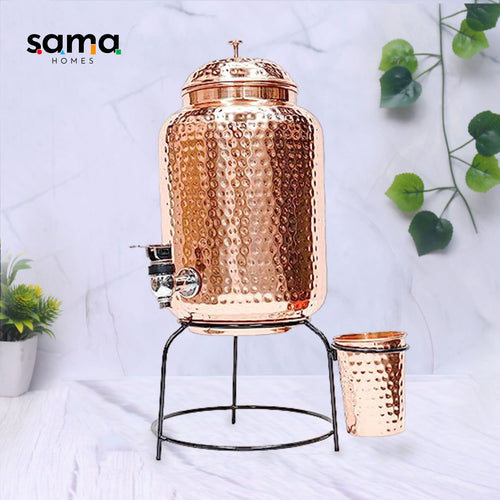 Pure Copper Hammered Water Dispenser (Matka) Combo – 5 Liters, with Stand & Glass, Ayurvedic Tamra Jal