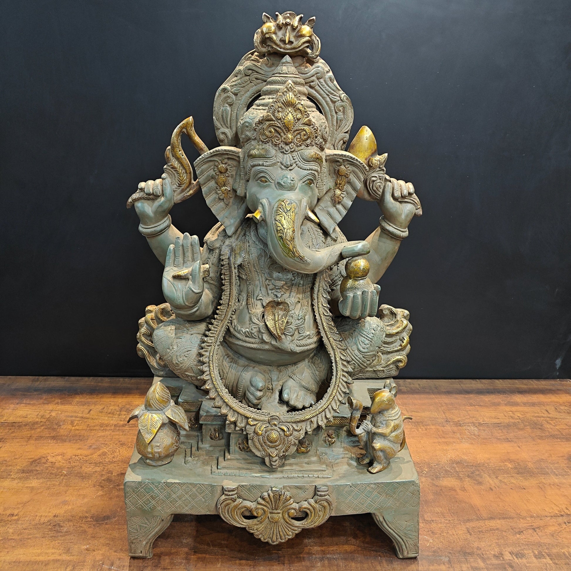 Vintage Brass Large Ganesha Statue Antique Chola Finish 35 Inch - Eco-friendly - Sama Homes
