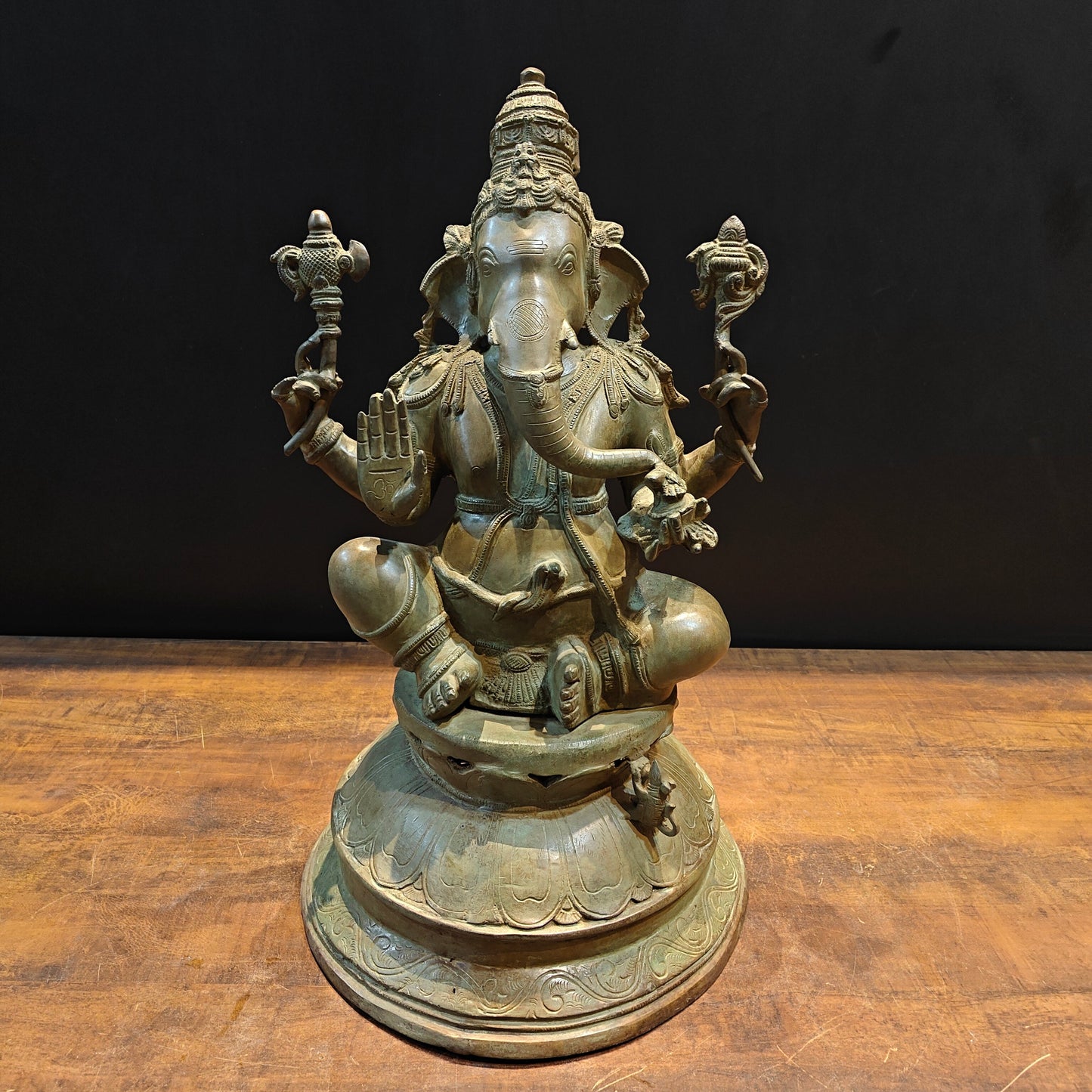 Vintage Brass Lord Ganesha Statue with Green Patina Finish 23 Inch