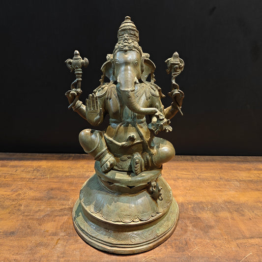 Vintage Brass Lord Ganesha Statue with Green Patina Finish 23 Inch