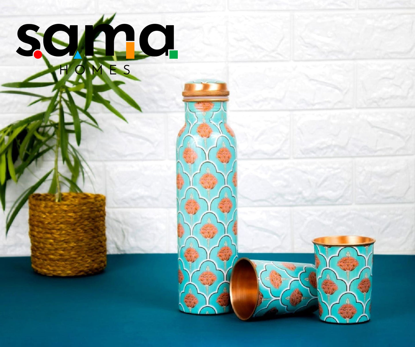 SAMA Homes - exclusive refreshing green digital printed copper bottle with 2 glasses tumbler set of 3