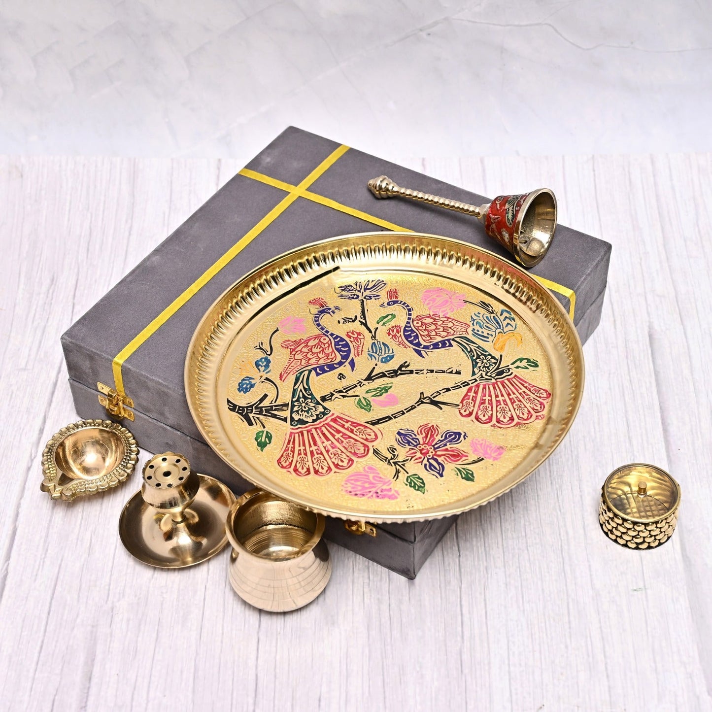 Exclusive Brass Pooja Thali Set With Peacock Hand Painted Design in Gift Box (Set of 6 Pcs)
