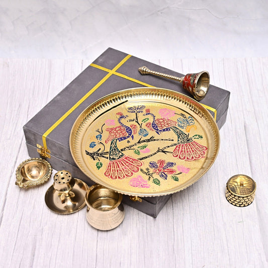 Exclusive Brass Pooja Thali Set With Peacock Hand Painted Design in Gift Box (Set of 6 Pcs)