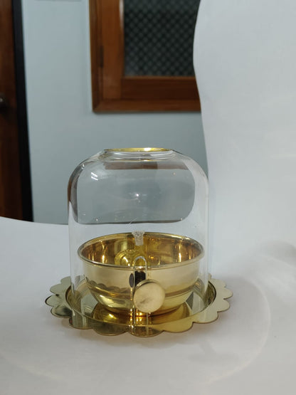 Brass Akhand Diya with Adjustable Bati, with Screw Lever for Puja, Borosilicate Glass by Sama Homes - Sustainable Living