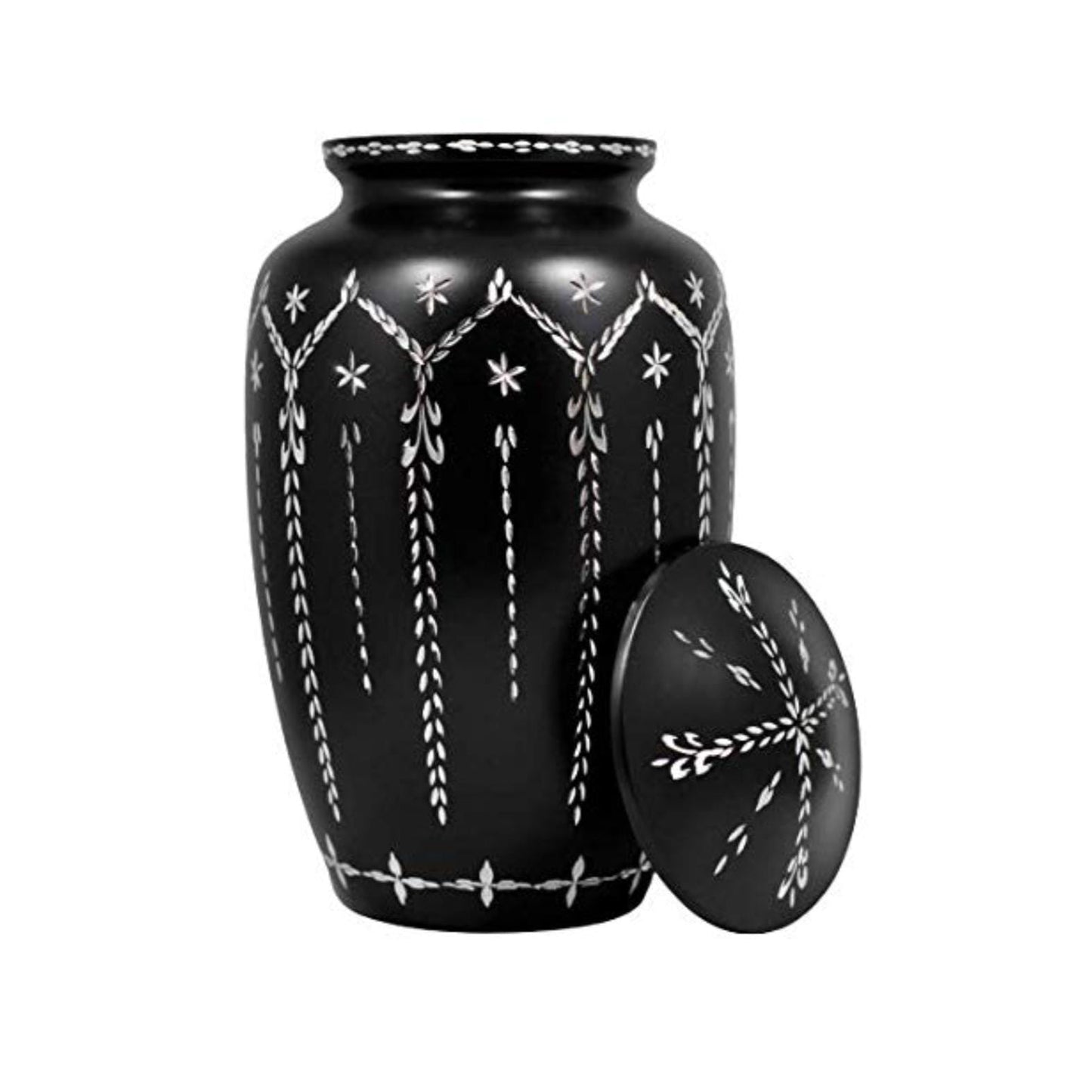 Black urn with white decorative patterns