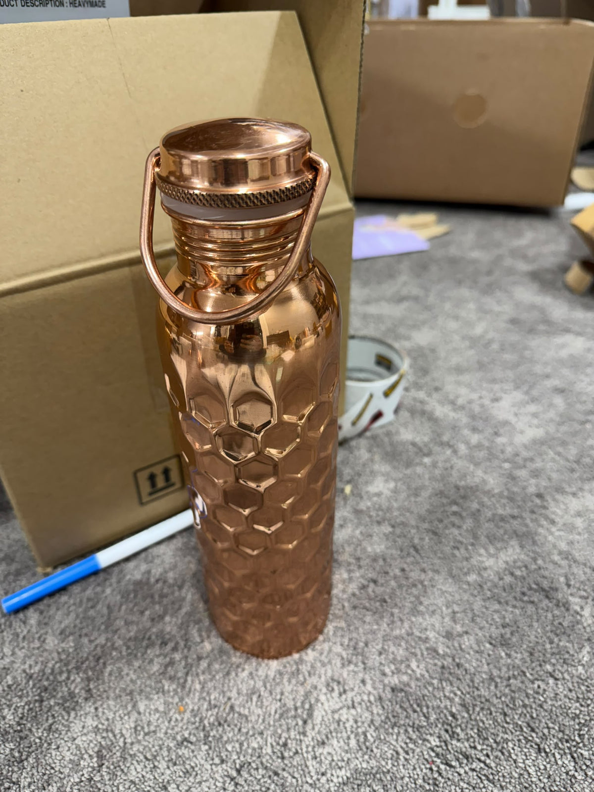 Handcrafted Ayurvedic Pure Copper Honeycomb Water Bottle with Loop Cap - 950ml by Sama Homes - Copper Bottle