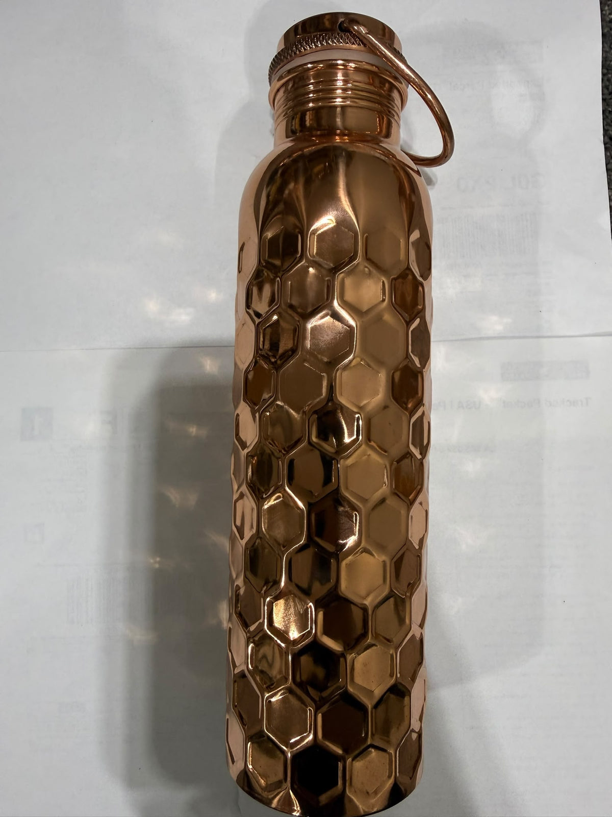 Handcrafted Ayurvedic Pure Copper Honeycomb Water Bottle with Loop Cap - 950ml