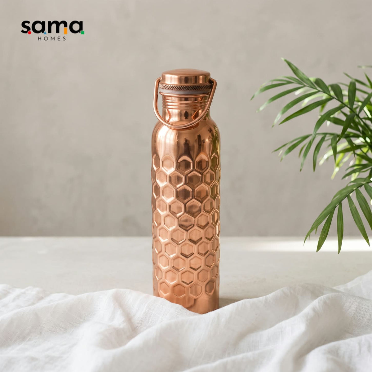 Handcrafted Ayurvedic Pure Copper Honeycomb Water Bottle with Loop Cap - 950ml by Sama Homes - Copper Bottle