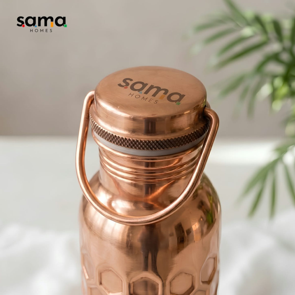 Handcrafted Ayurvedic Pure Copper Honeycomb Water Bottle with Loop Cap - 950ml