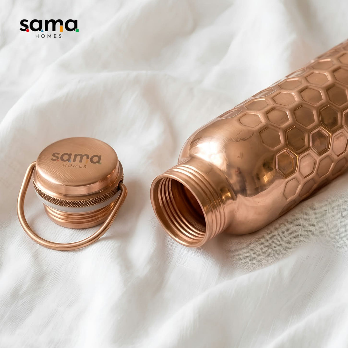 Handcrafted Ayurvedic Pure Copper Honeycomb Water Bottle with Loop Cap - 950ml