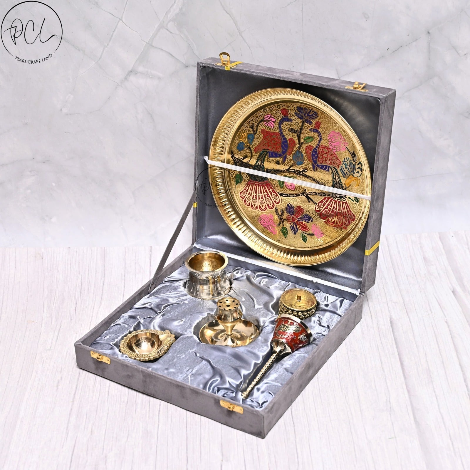 Exclusive Brass Pooja Thali Set With Peacock Hand Painted Design in Gift Box (Set of 6 Pcs) - Image 2