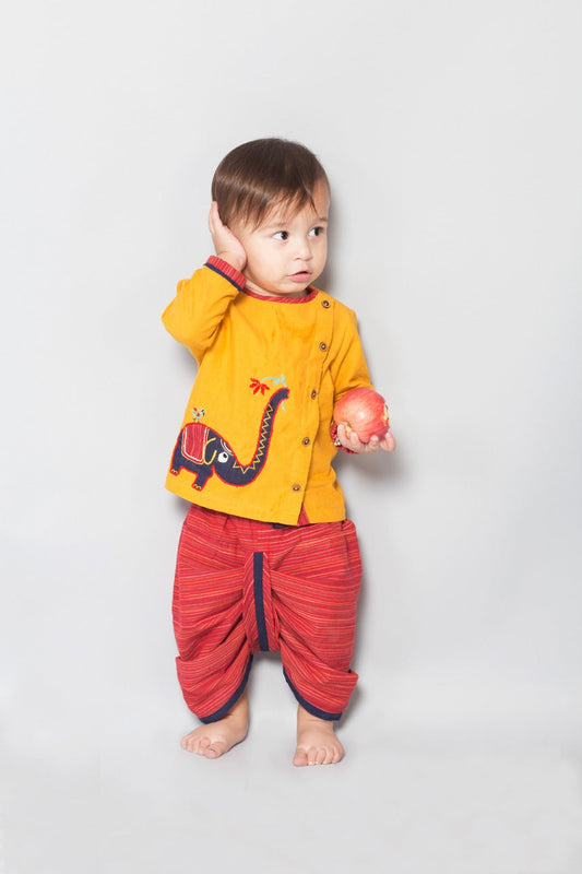Boy Embroidery Elephant Dhoti Set - Yellow