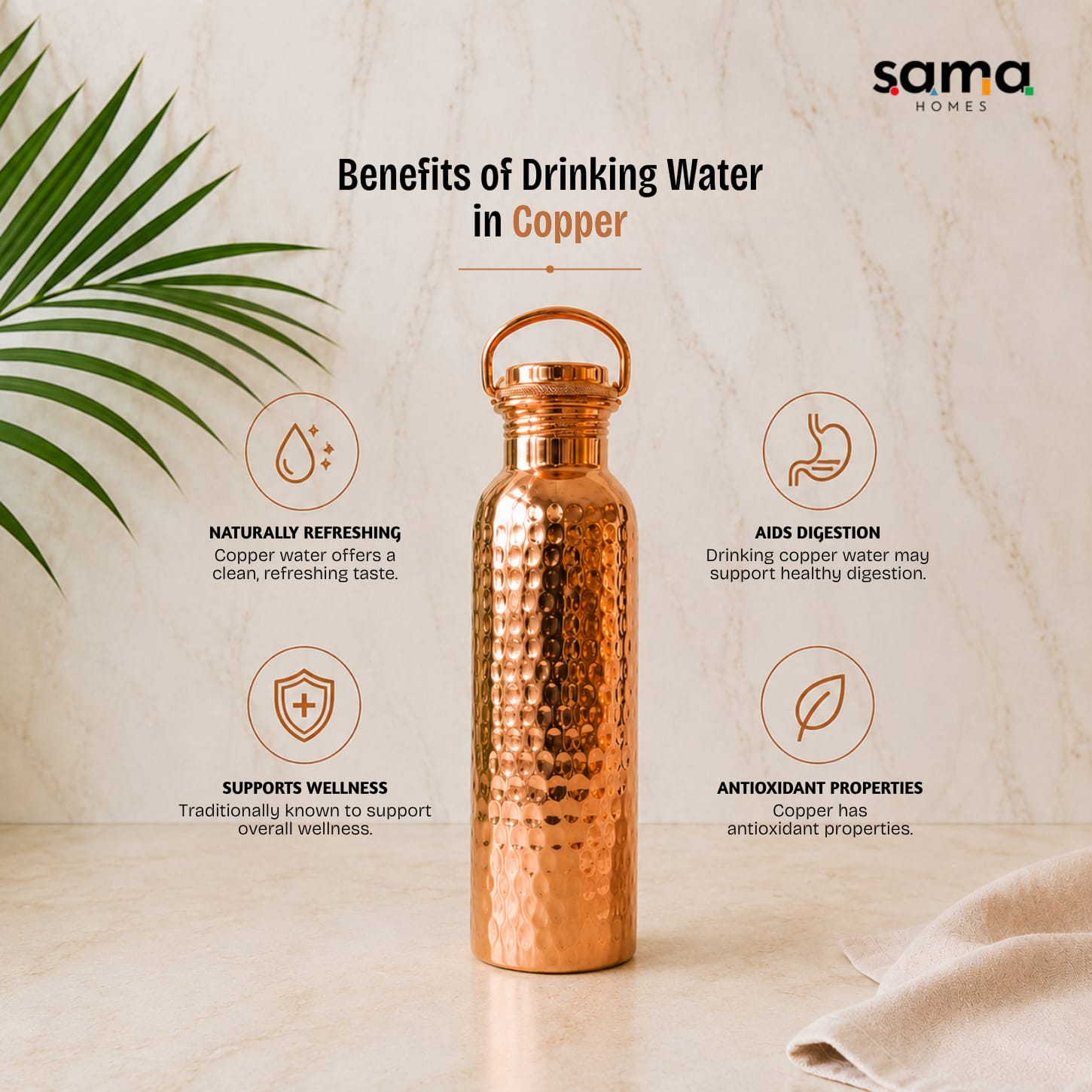 Handcrafted Ayurvedic Pure Copper Water Bottle - 950ml Hammered Design