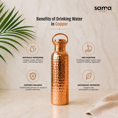 Handcrafted Ayurvedic Pure Copper Water Bottle - 950ml Hammered Design with Leak-Proof Loop Cap | 100% Certified Purity by Sama Homes - Copper Bottle
