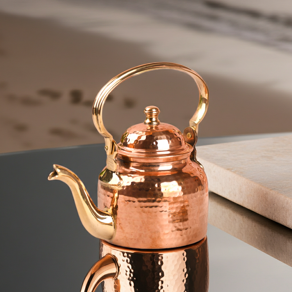 Handcrafted Copper Hammered Tea Kettle Pot – 420ml, Traditional Indian Drinkware by SAMA Homes - Tea Pot (View 3)