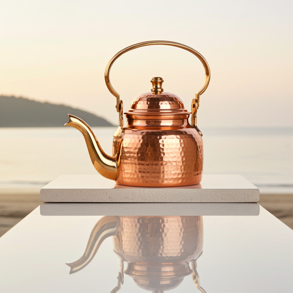Handcrafted Copper Hammered Tea Kettle Pot – 420ml, Traditional Indian Drinkware by SAMA Homes - Tea Pot (View 4)